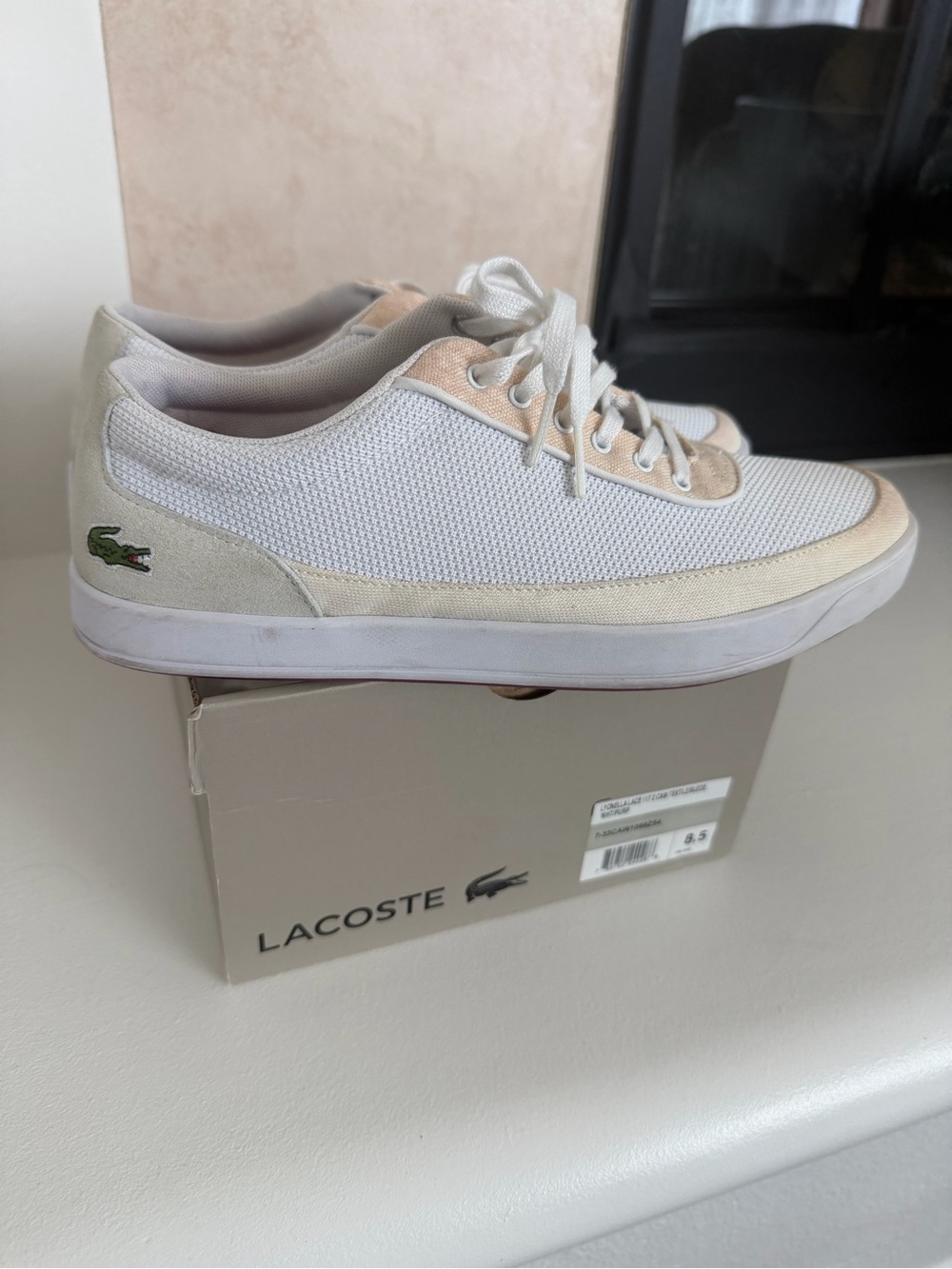 Lacoste LYONELLA White Sneakers with Beige Accents and Green Logo 8.5